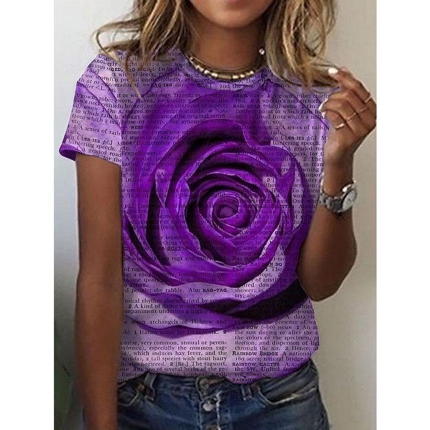 

Summer Round Neck 3D Rose and Text Print Top Fashionable Casual Short Sleeved Women s T-shirts XS