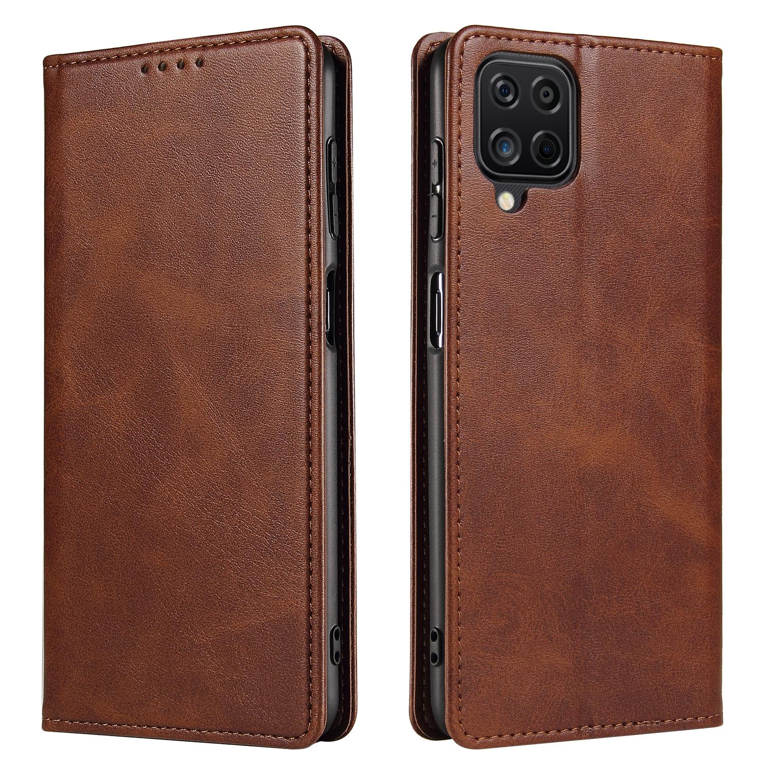 

For Samsung Galaxy A12 Flip Leather Phone Wallet Case Stand Calf Texture Magnetic Protective Phone Cover Brown