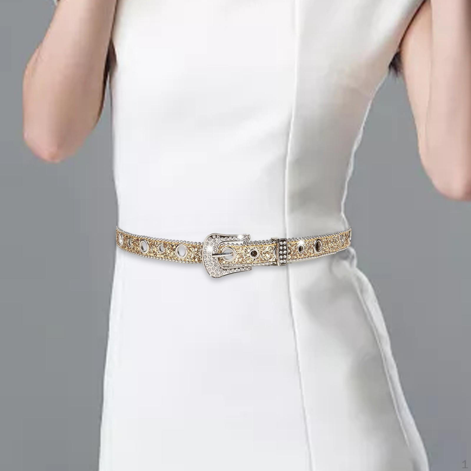 

Rhinestone Belt Women PU Leather Waist 40.6inch Eyelet Metal Prong Buckle Pin Aureate
