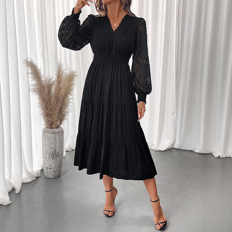

Fashion Women Dress Ladies Skirt V-neck Waist Hugging Lace Long sleeve Solid Dress Women Black XL