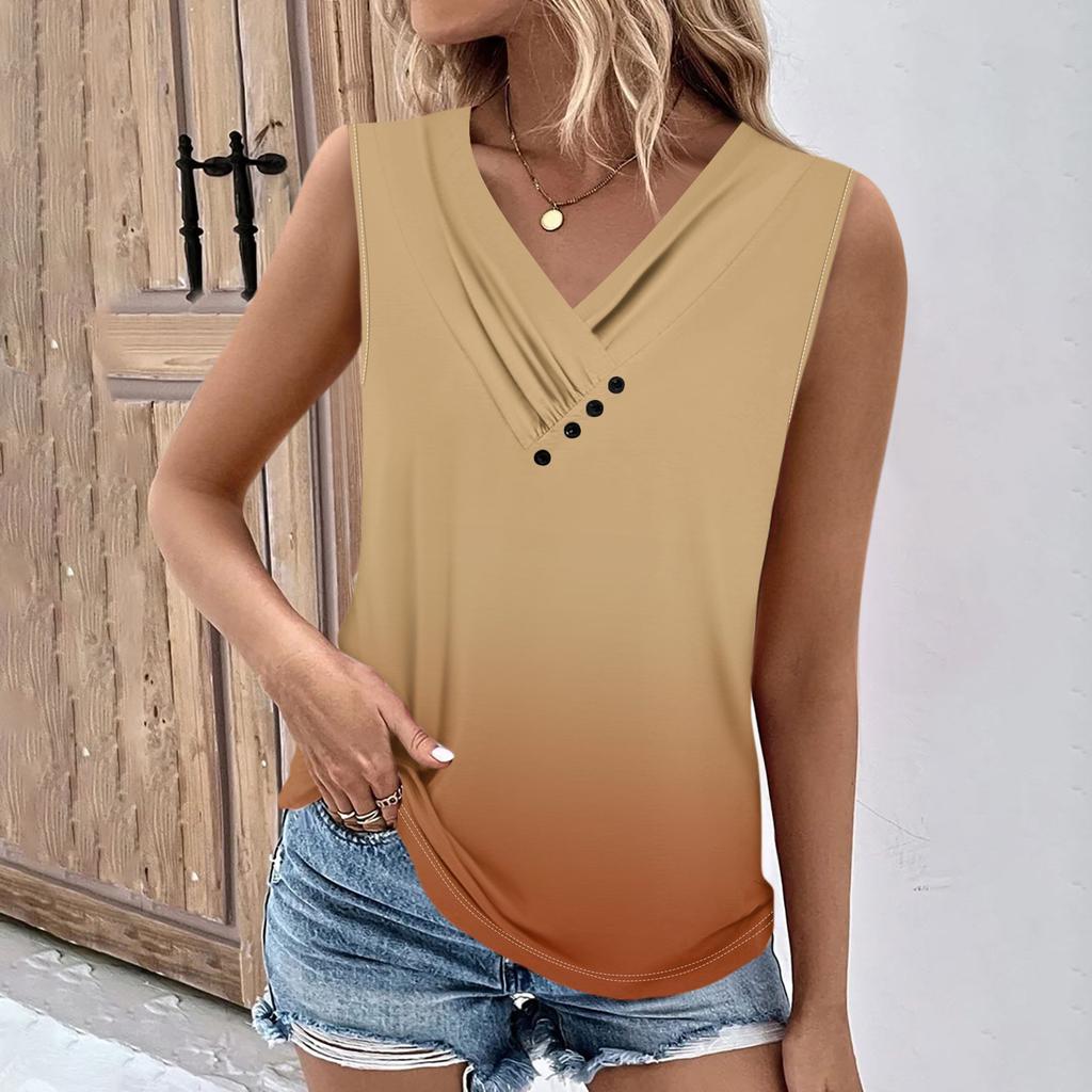 Zomer Dames Tanktops V-hals Casual Bedrukte Mouwloze Shirts Casual Losvallende Geplooide T-shirts Dames Blouse