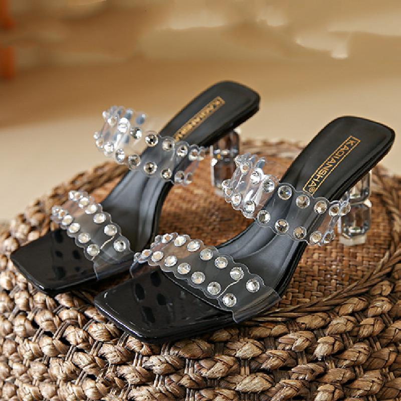 Fashion Higher Quality Rhinestone Thin Heel Women Sandals Transparent PVC Fashion Square Toe Slide Sandals Sexy Open Toe Designer Shoes