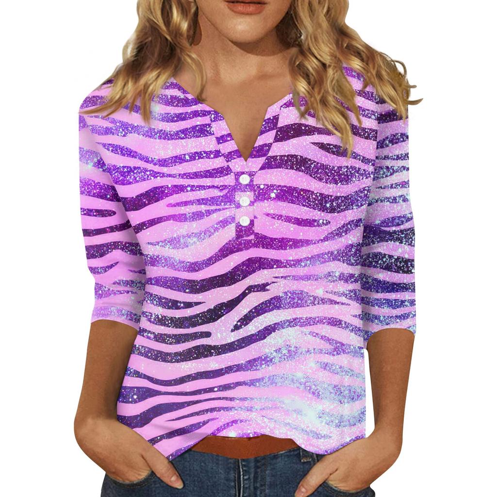 Women's Casual Halloween Print V-Neck Short Sleeve T-Shirt with Decorative Buttons