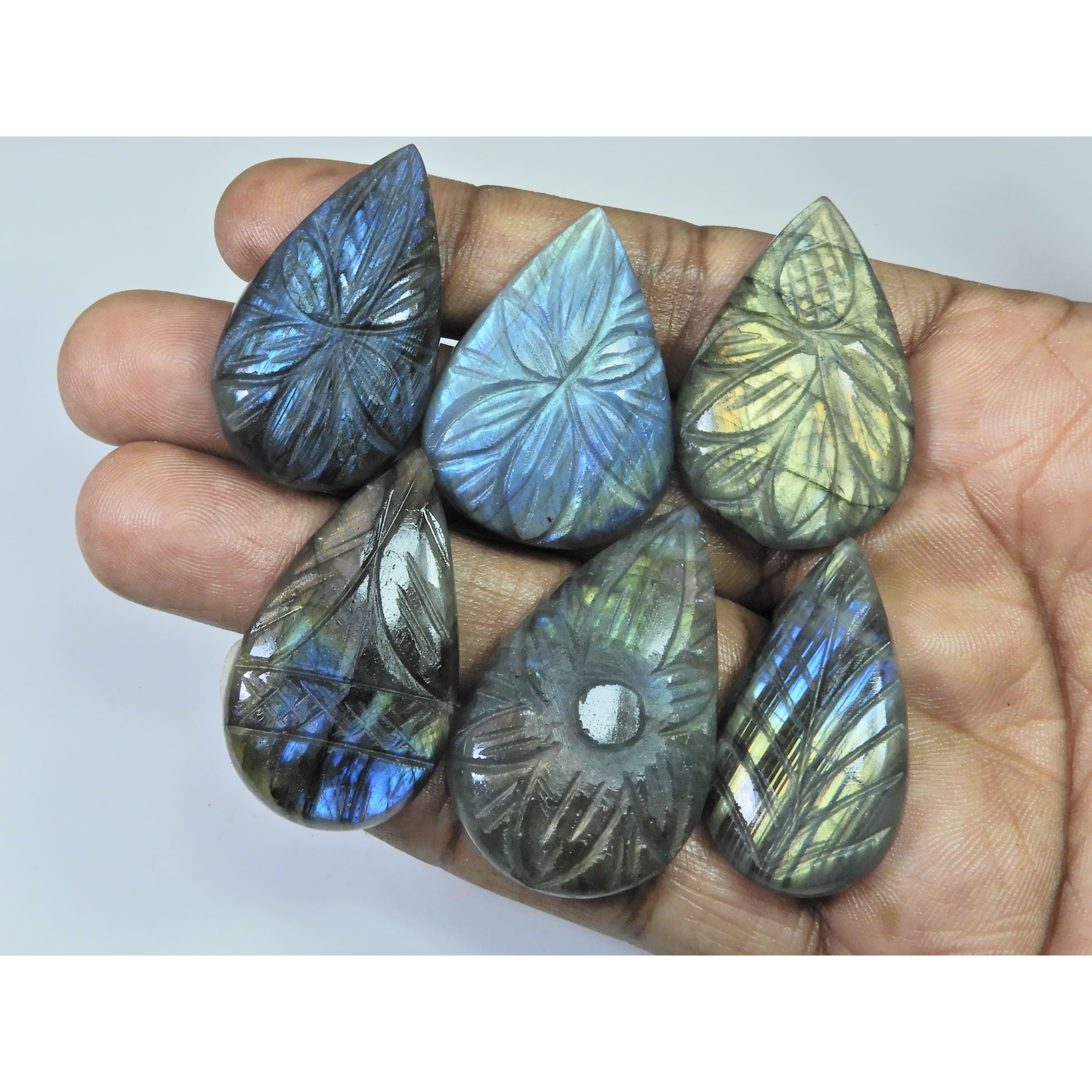 

260Cts. Natural Labradorite Carving Pear Cabochon Loose Gemstone 6Pcs Lot LL-1041