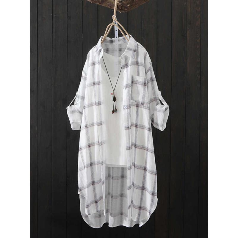 Plaid Shirt Women's Summer 1116 Loose Sunscreen Shirt Medium and Long Hong Kong Style Thin Coat