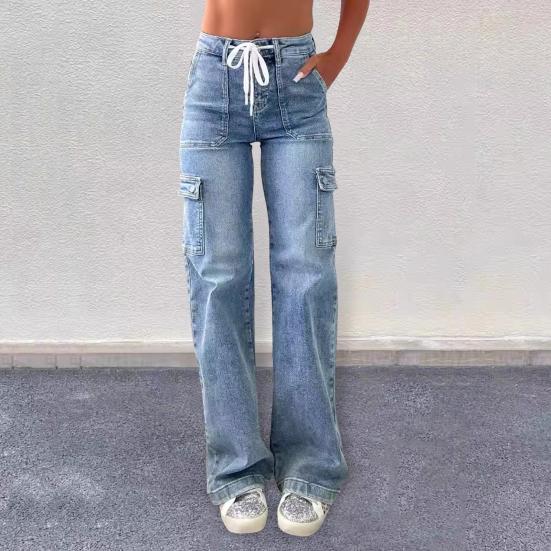 

Women Mid Waisted Cargo Jeans Straight Wide Leg Denim Pants with 6 Pockets Casual High S темно-синього кольору