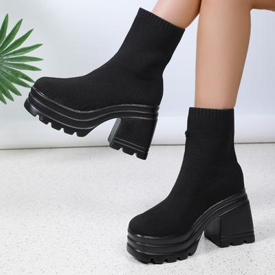 Women's Ankle Boots Platform Boots Fashion Knitted Womens Boots Autumn Casual Chunky Short Boot New Sexy High Heels Botas Mujer