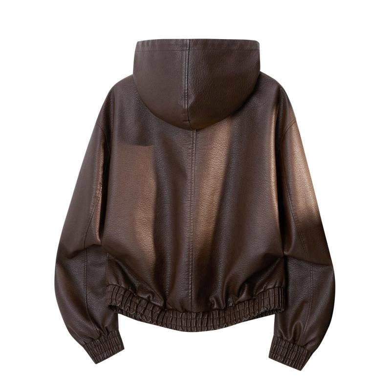 American solid color hooded locomotive clothing middle-aged and young leather clothing autumn and winter new racing clothing tide brand cardigan PU le