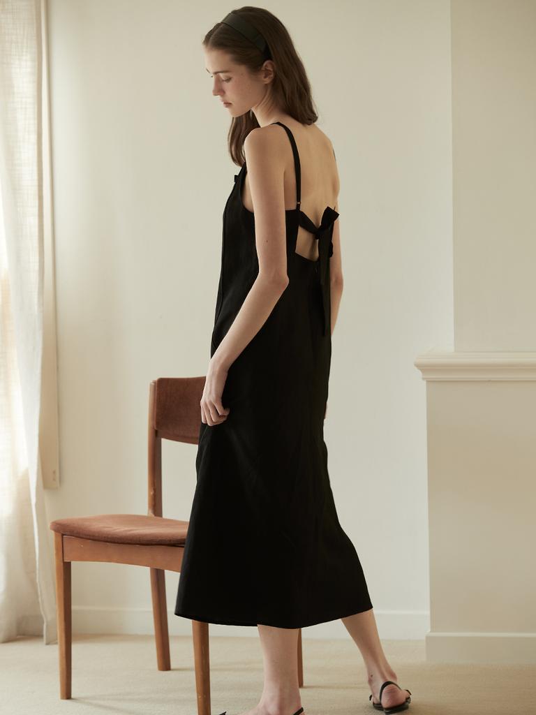 BEMUSE MANSION Ribbon Point Linen Dress - Black