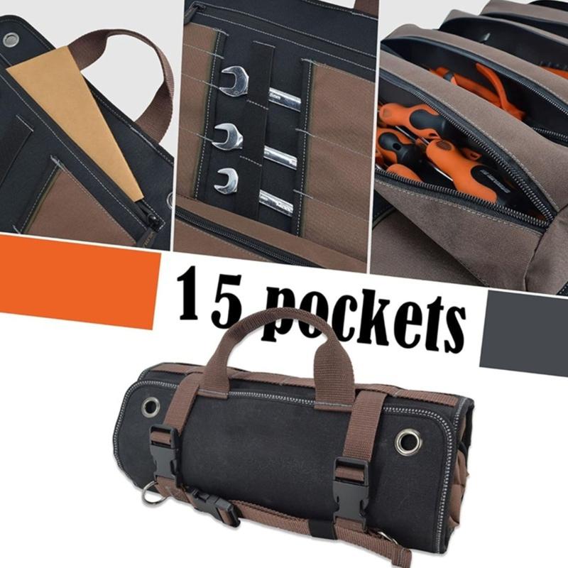 Multipurpose Large Capacity Tool Roll Up Bag with 15 Pockets for Mechanics and DIYer Enthusiasts Efficient Organization
