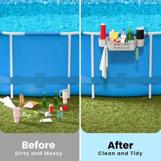 Poolside Storage Basket with Cup Holder Large Capacity Strong Load-bearing Hollow Design Waterproof Swimming Pool Hanging Storage Basket