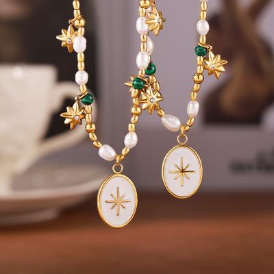 Pendentif Géométrique Goutte d'Huile Diamant Octagramme Perle d'Eau Douce Malachite Acier Titane Perle Ronde Collier à Perles