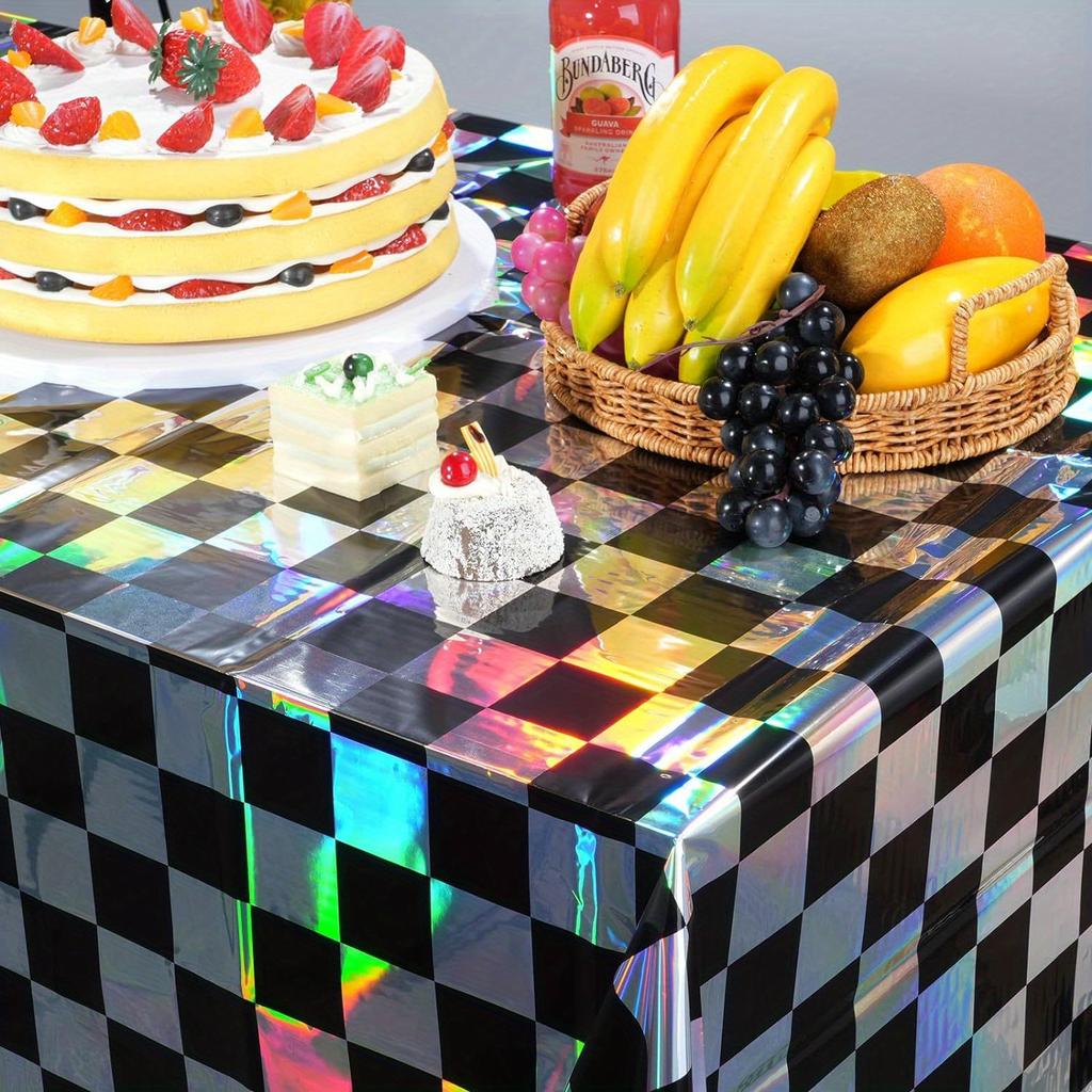 Disposable Checkered Plastic Tablecloth 2pcs Set Shiny Laser Rectangular Cover for Outdoor Picnic Camping Party Supplies