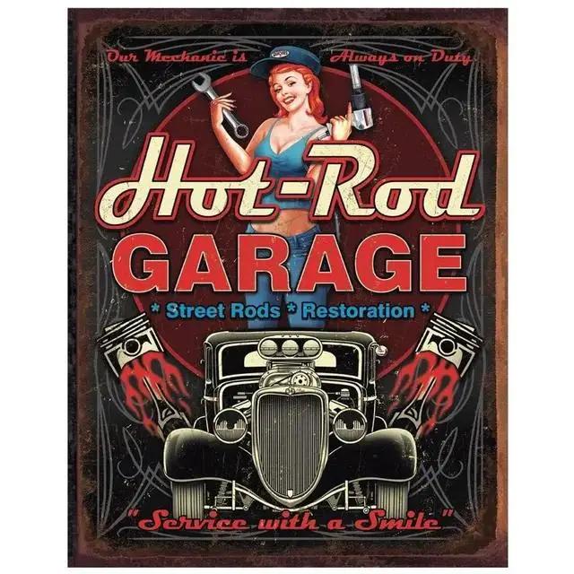 Vintage Pinup Girl Hot Street Rods Garage Full Service Route  Auto Mechanics Metal Tin Sign for Rural Wall Decor  Retro Poster P