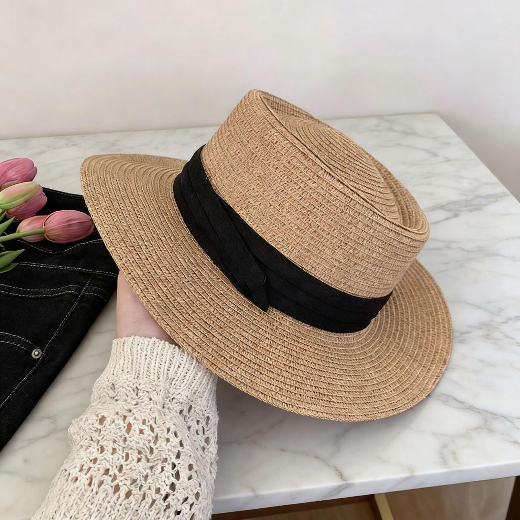 French bucket hat summer visor women's British retro wide-brimmed top hat sun hat vacation beach woven straw hat