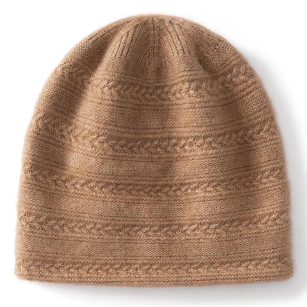 Soft waxy cashmere, autumn and winter new women's solid color jacquard crimped headhat, warm ear protection knitted hat