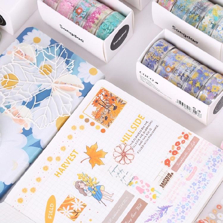 5Rolls Flower Tape 15mmX2M Water Resistant PET Tape Scrapbooking Decorative Tape for Craft Journal Photo Album