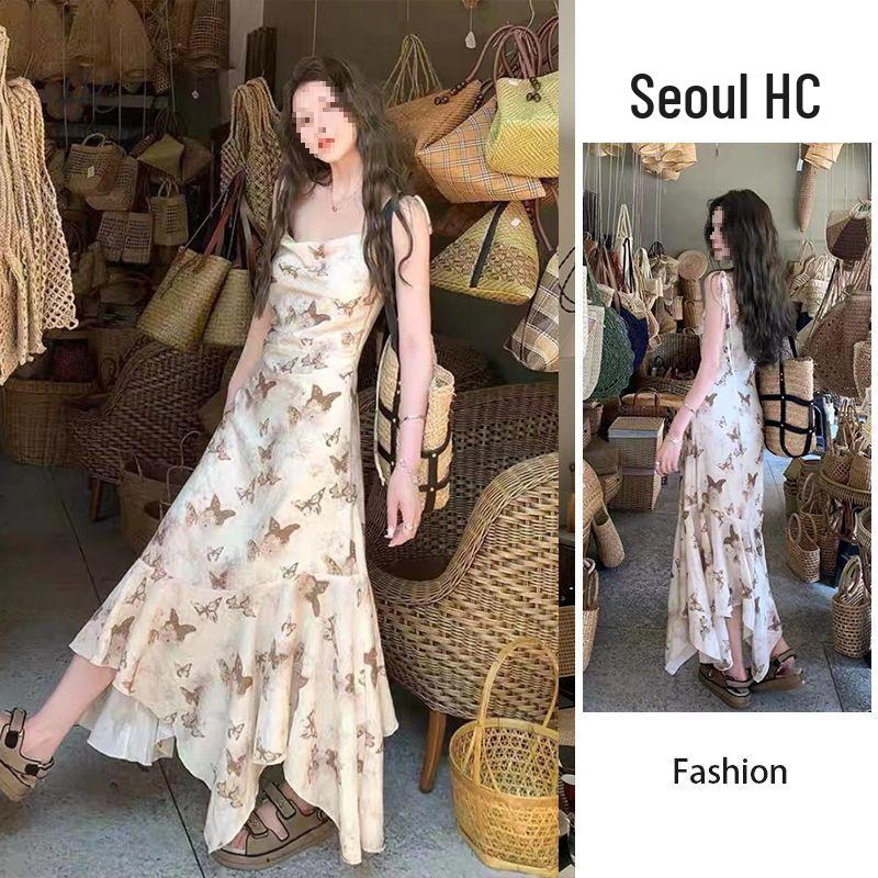 Women's Retro Butterfly Print Slimming Strappy Summer Dress