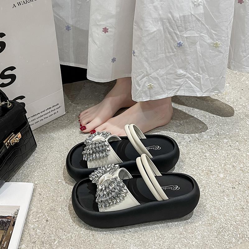 Beautiful rhinestone cool slippers for women's summer wear 2025 new thick-soled heightening French style with skirt open-toed sandals