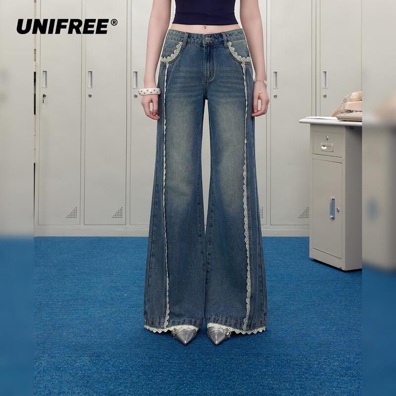 

UNIFREE Sweet Lace Patchwork Flared Wide-Leg Jeans M