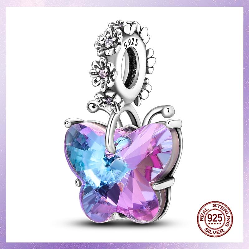 Purple Charms Copper Fit Original Pendant Bracelet Butterfly Glass Heart Feather Clip Charm Dangle Luminous Bead Diy Jewelry