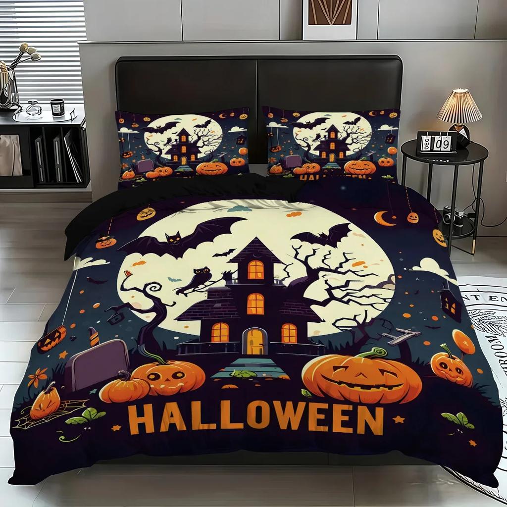 3-piece Halloween themed pumpkin ghost castle pattern 1 quill cover+2 pillowcases coreless soft and comfortable bedding set