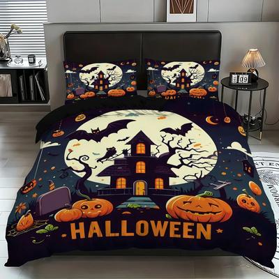Conjunto de cama de 3 peças com tema de Halloween, padrão de abóbora, fantasma, castelo, 1 capa de edredão + 2 fronhas, sem enchimento, conjunto de cama macio e confortável