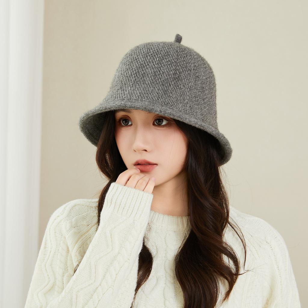 Fashion Bucket Hat Women'S Spring And Autumn Winter Solid Color Knitted Wool Bucket Hat Cover Face Tide Japanese