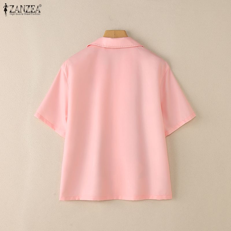 ZANZEA Women Casual Turn Down Collar Loose Short Sleeve Print Blouse