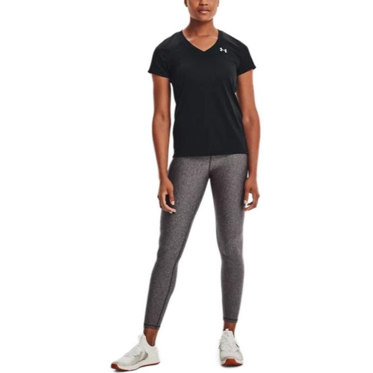 Under Armour Solid Color Logo V-Neck Short Sleeve T-Shirt Women Tops Black 1255839-002