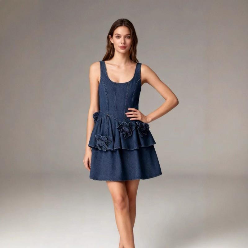 Womens Floral Print Sleeveless Denim Midi Dress High-Waisted Asymmetrical Fit Elegant Office Chic 2025
