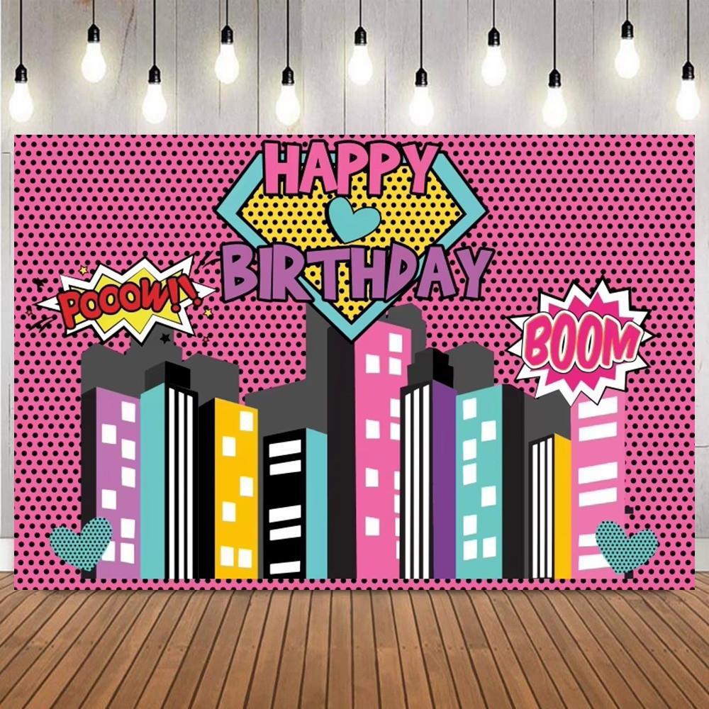 Manga Style Urban Architecture Themed Birthday Party Banner Backdrop, Superhero Girl Birthday Party Decoration Shooting Backdrop4