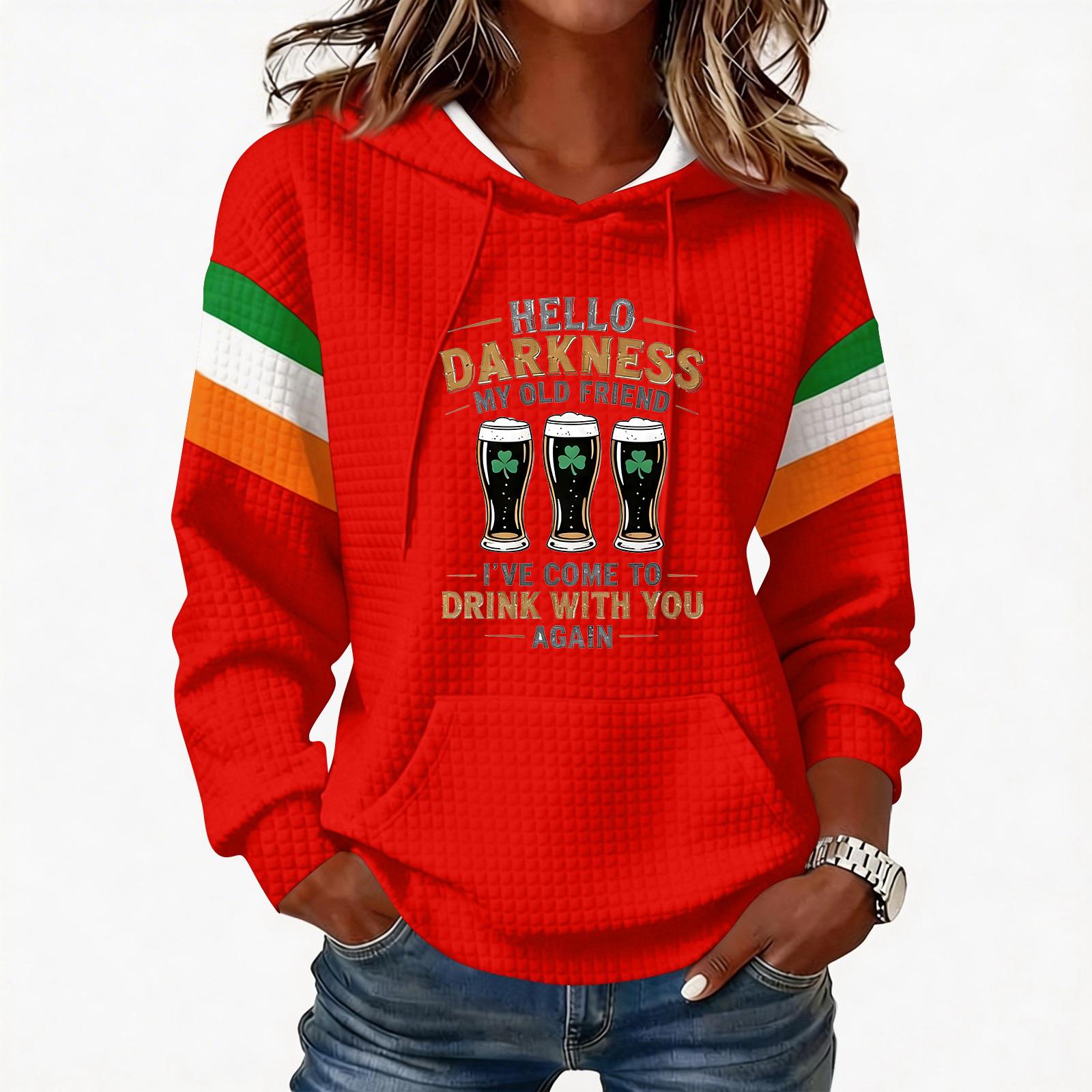 

Women s Fashion Lightweight Long-Sleeved Pullover Hoodie with Pockets and Print XL червоний