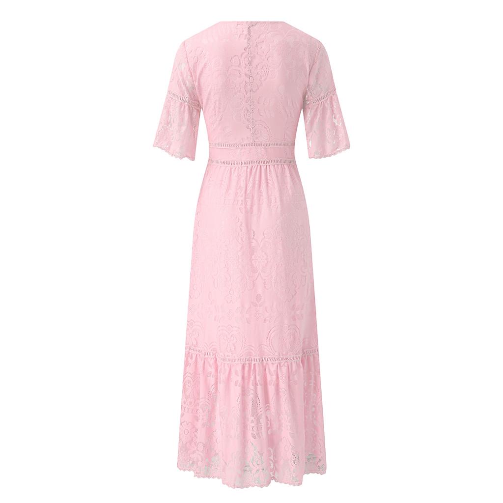 Women's V-Neck Short-Sleeved Openwork Single-Breasted Lace Dress