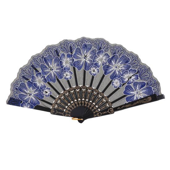 

Floral Print Folding Fan Chinese Style Plastic Ribs Hand Held Fan Portable Summer Cooling Fan Dance Performance Party синий