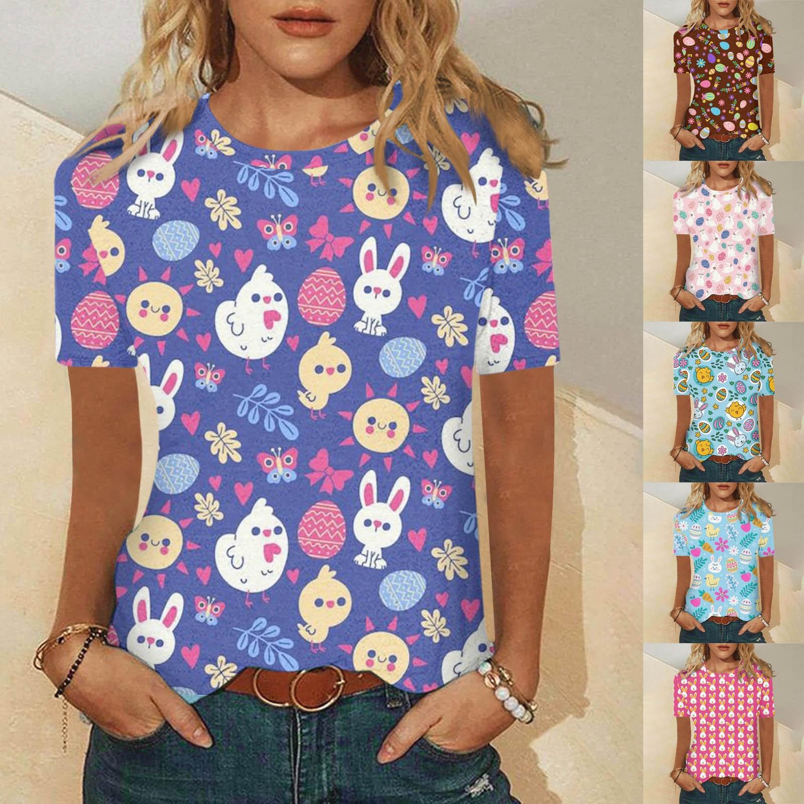 

Женская модная повседневная блузка с круглым вырезом и короткими рукавами с принтом пасхального кролика