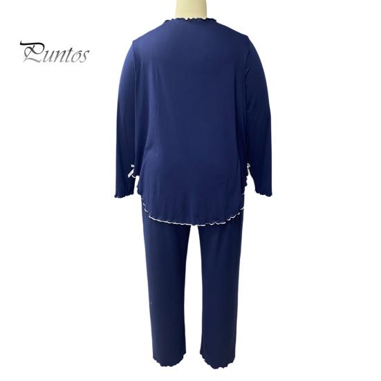 Breathable Sleepwear for Daily Use Women's Plus Size Pajama Set, Long Sleeve Top And Pants Cozy Loungewear Women with Bow, Ruffle 2 Piece Soft Pjs Set