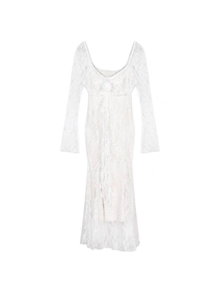 French 3D Floral Ribbon Long Sleeve Lace Fishtail Evening Dress for Women - Autumn Elegance.