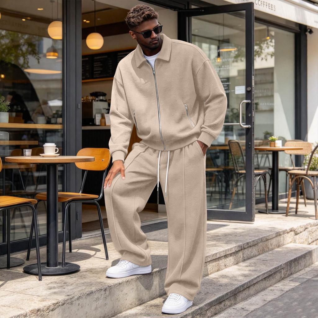 Men's Knit Zip-Up Lapel Jacket Sweatshirt and Straight-Leg Sweatpants Set, Loose Fit Outfit