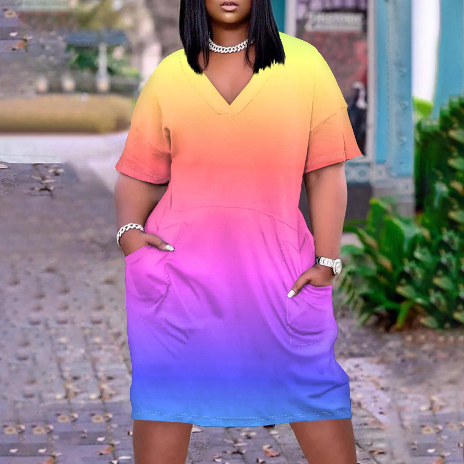 

Лето плюс размер V-образным вырезом с коротким рукавом и карманом до колена с градиентным принтом повседневное платье для женщин XXL
