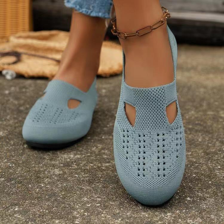 

2025 summer foreign trade large size flat bottom comfortable fly woven mesh breathable lazy shoes casual shallow mouth hollow women s single shoes 43 серо голубой