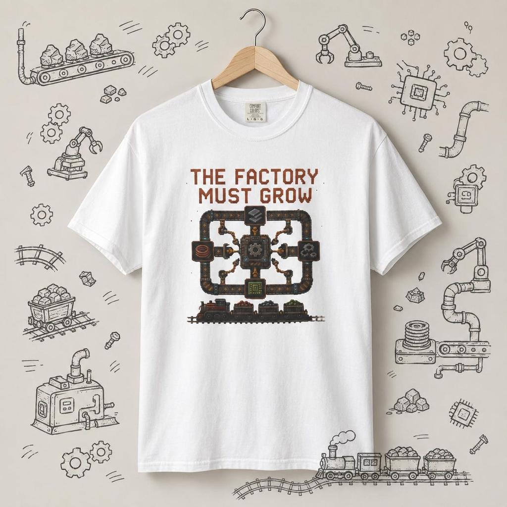 Factory Must Grow graphic T-shirt | Industrial pipes, train silhouette, Factorio Fan Merch