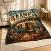 Retro Camper Campsite Coral Fleece Blanket Custom Name Banner
