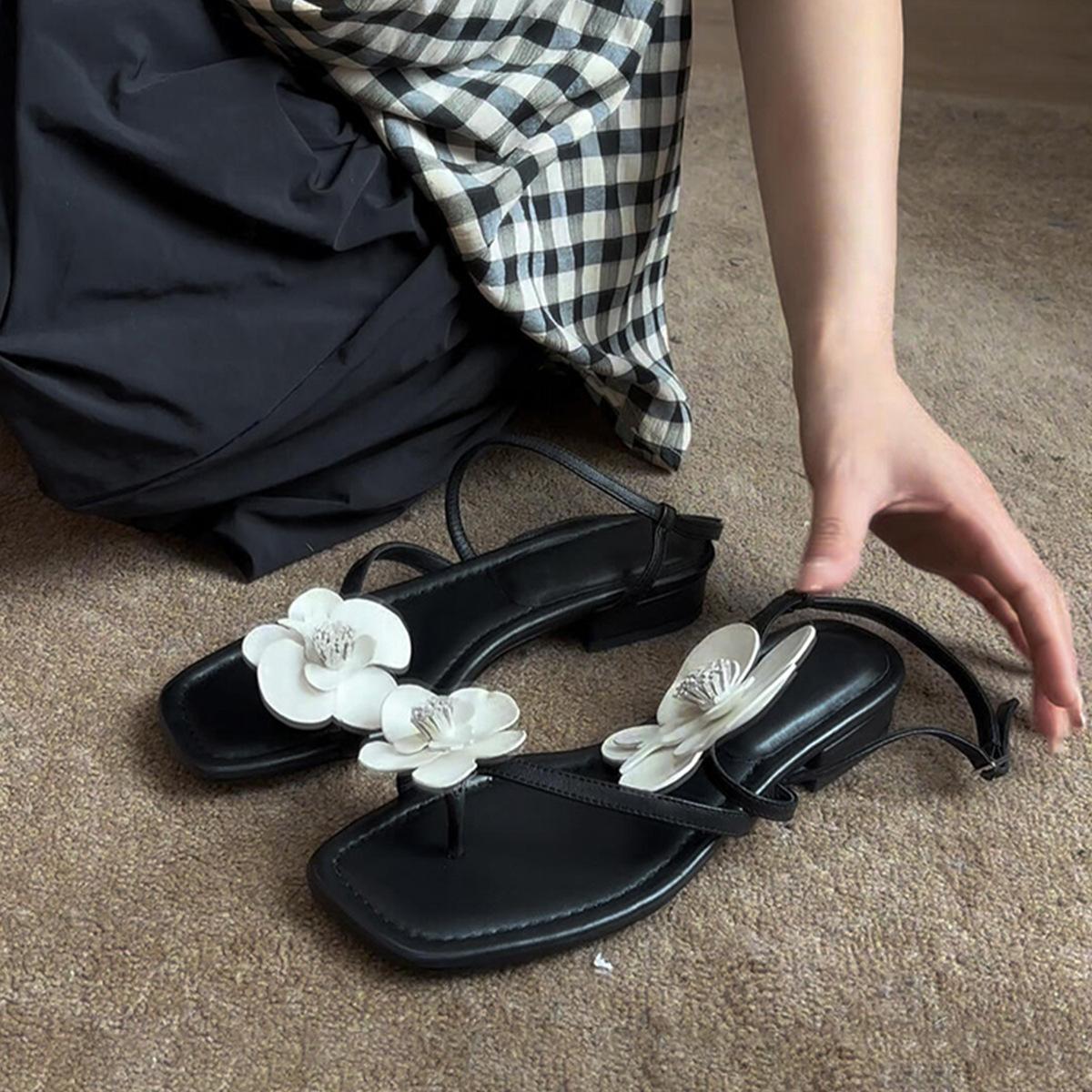 

Sheepskin version~ niche holiday style word with flowers thick heel sandals women s head open toes with skirt leather women s shoes 40