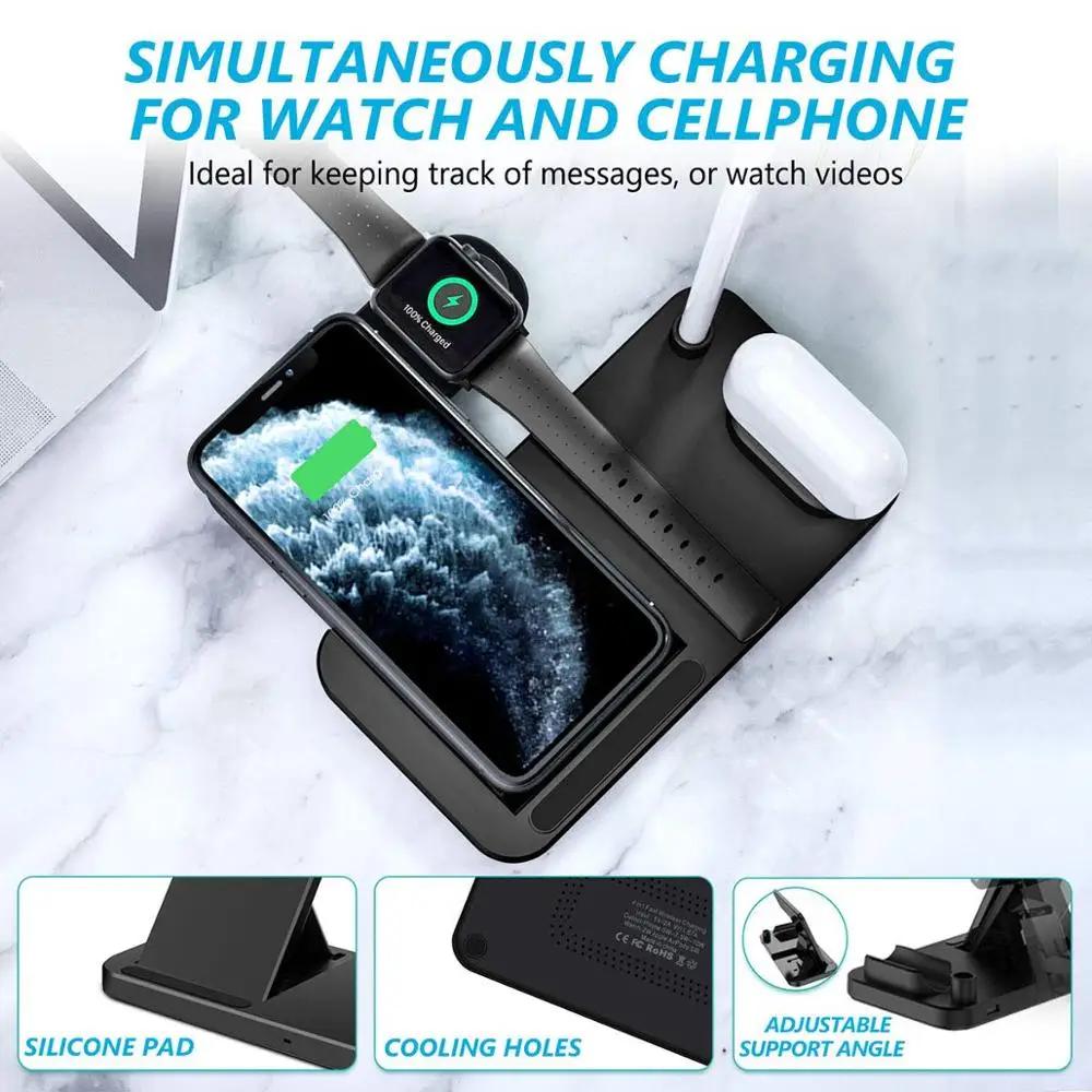 4 In 1 Qi Wireless Charger Stand 10W Fast Charging Dock Station For iPhone 13 12 11 XS XR X 8 Airpods Pro Apple Watch SE 6 5 4 3