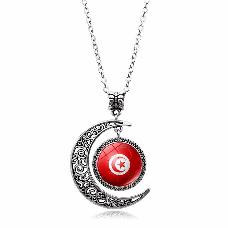 World Cup National Flags Football Time Crescent Fans Retro Hollow Moon Pendant Necklace