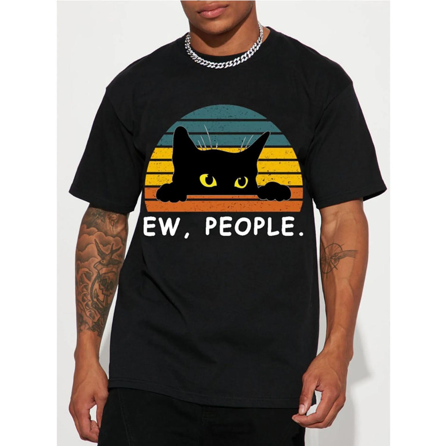 

Black Cat Print T-shirt, Men s Casual Trendy Short Sleeve Crew Neck Hip Hop Style Tees For Summer Holiday Gift S разноцветный