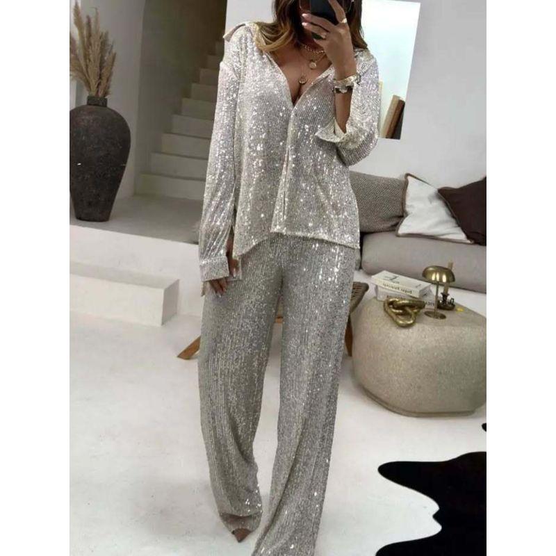 Two Piece Sequin Set Sequin Outerwear Trousers Top Set Temperament Sequins Two-piece Suit Set Formal Dress