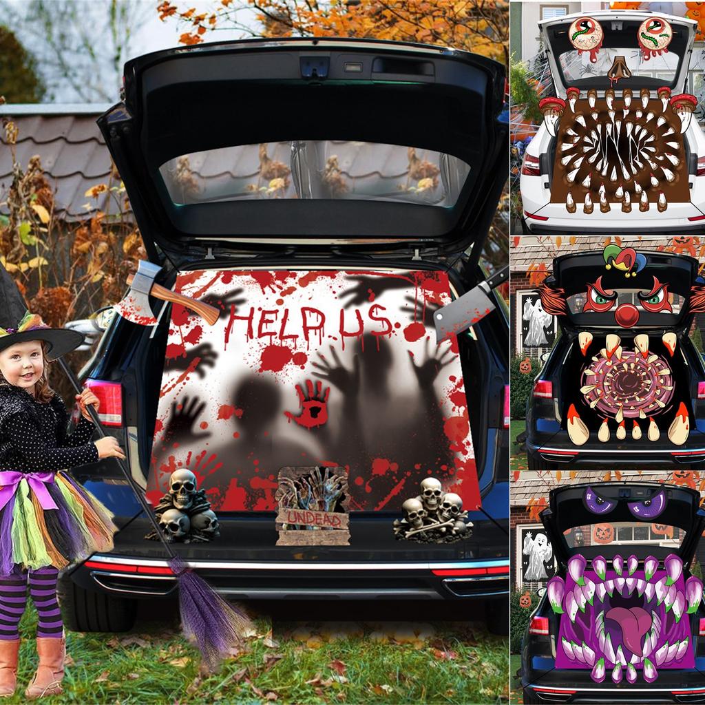 Dekorační sada - Halloweenské dekorace na auto pro SUV, Strašidelná nálepka s obličejem čarodějnice, Dekorace na auto pro venkovní garážový vchod, dveře, zeď, okno, strašidelný dům