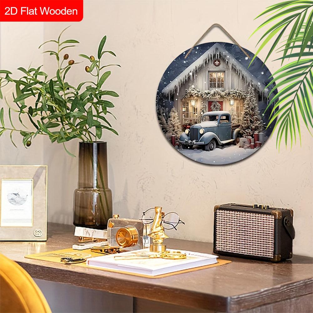 Warm Winter Wooden Christmas Sign with Snowhouse Pattern - Navidad Round Sign for Front Door, Wall Hanging Decor - Ideal Christmas Decoration